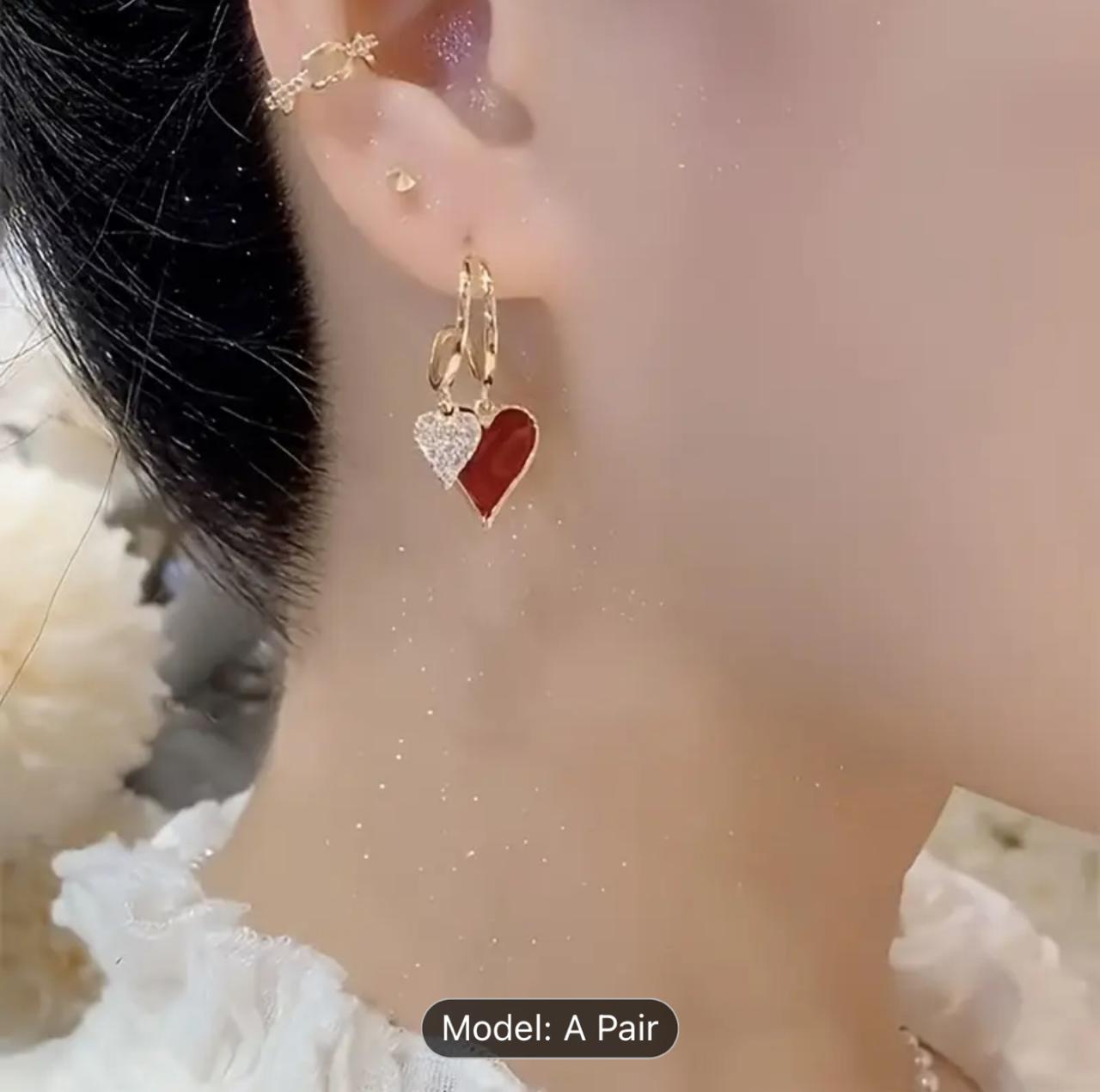 Elegant Red Heart Dangle Earrings with Silvery Needle image 2