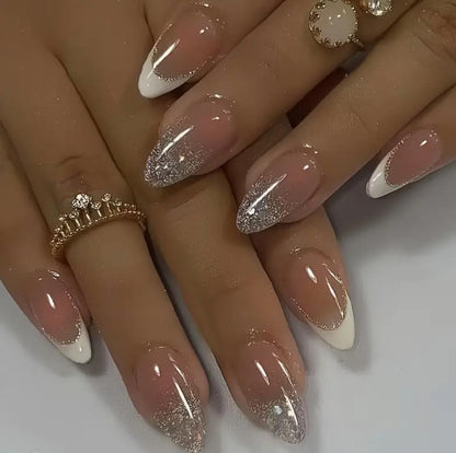 24pcs of Almond Elegant Shiny Silver Glitter French White Changing False Brightening Wearable Nails. image 0
