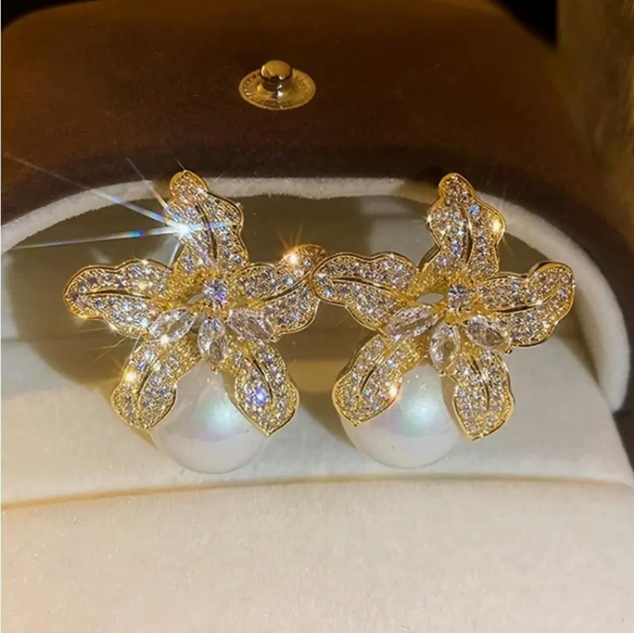 Elegant daisy earring with simulated diamonds and pearl accents, luxury charm for parties and daily wear image 1