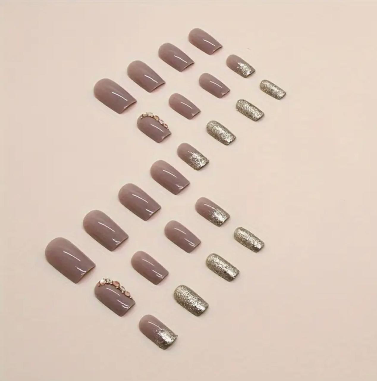 Luxury French Tip Press-On Golden Glitter Accents, Glossy Finish, Short Square Shape Nails image 4