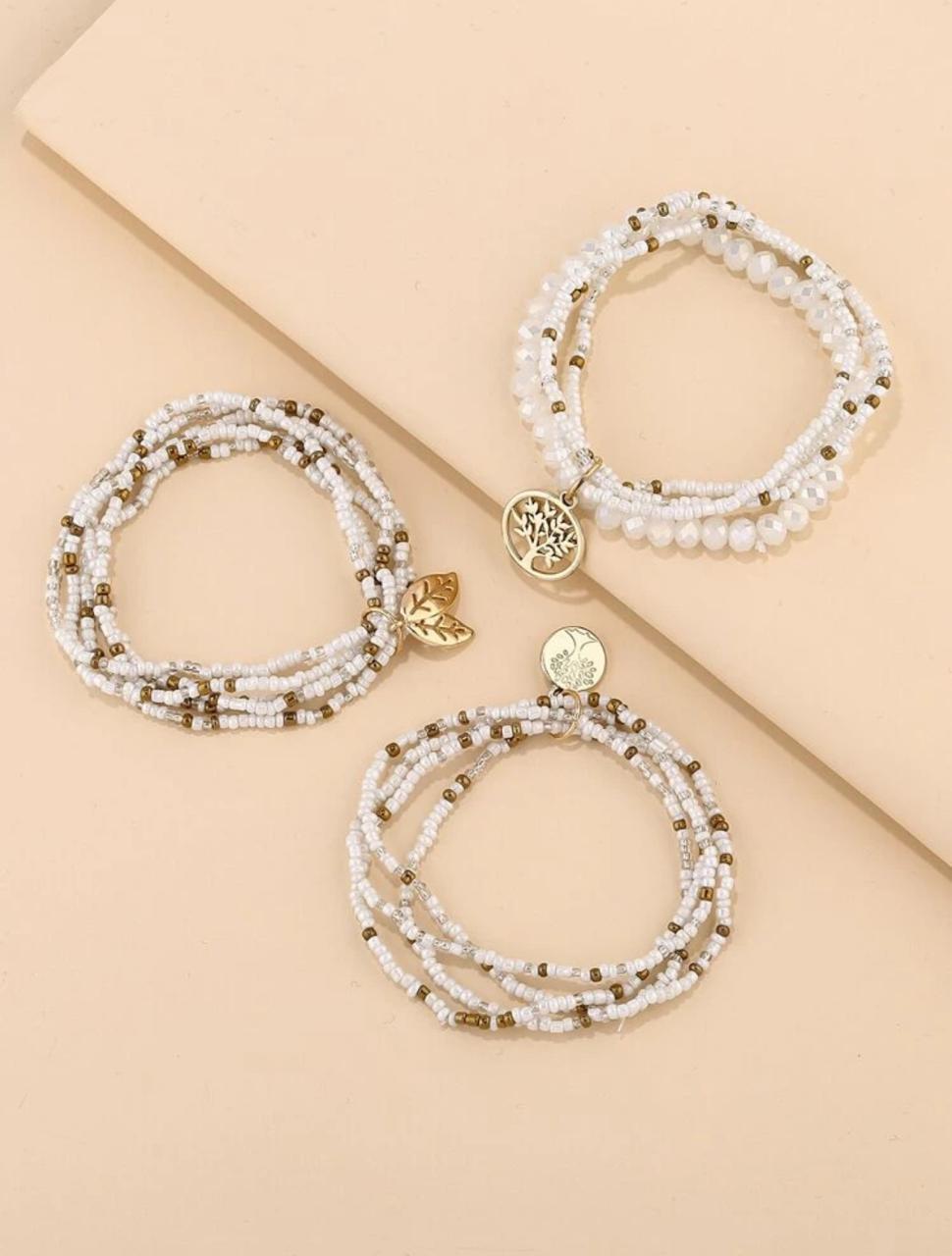 3 Pieces Tree Decor Layered Beaded Bracelet - White image