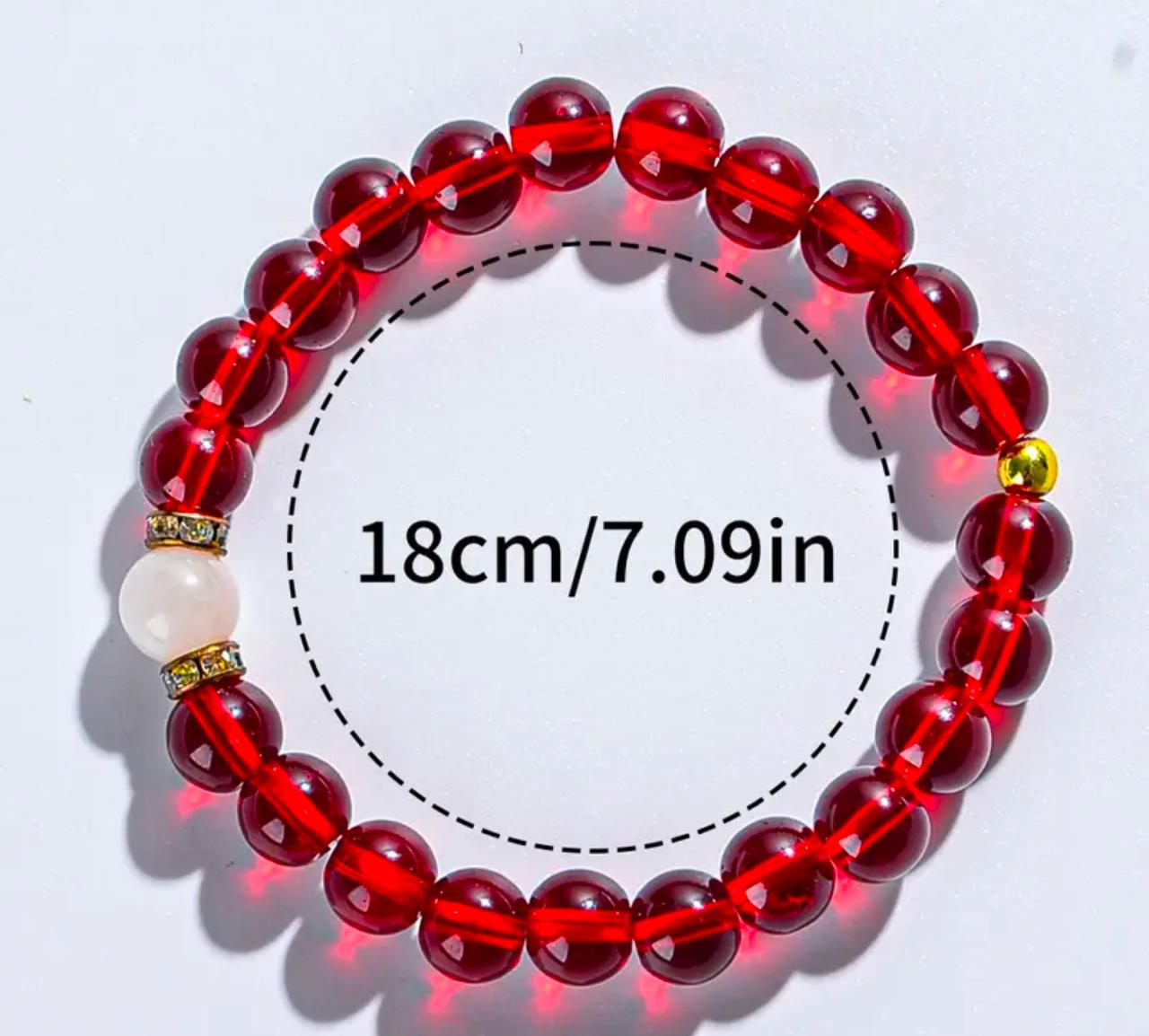 Vintage Elegant Money Attracting Bracelet, Red Glass & Moonstone Beaded Stretch Rope image 4