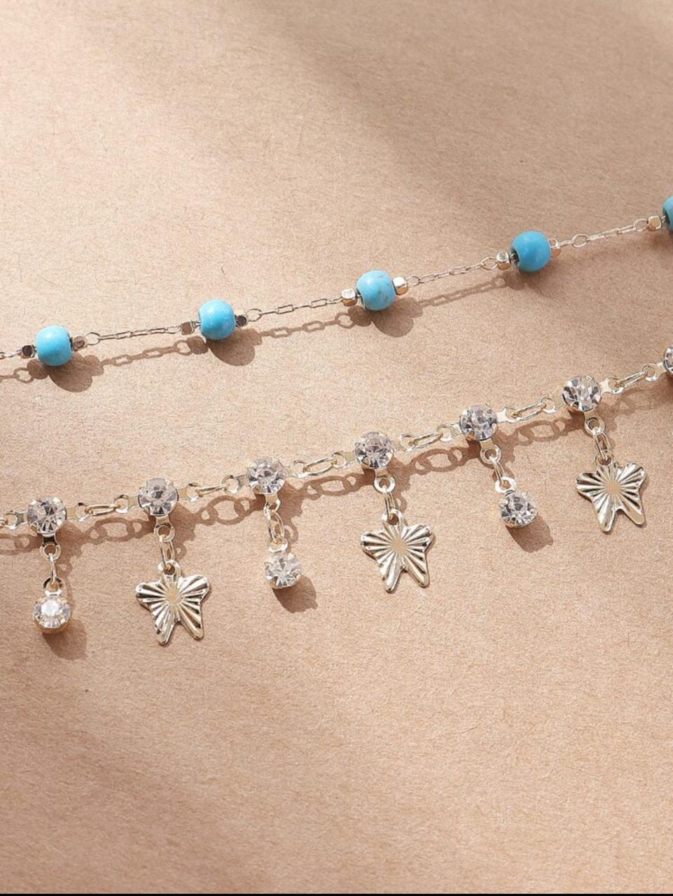 2pcs Fashionable And Shiny Faux Diamond Butterfly Glass Beaded Anklet image 4