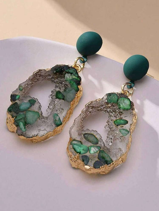 Asymmetrical Vintage Green Resin Transparent Stone Dangle Earrings image 0
