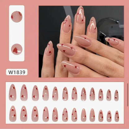 Almond Shaped Press-On Nails with Glossy Red Heart Design image 1