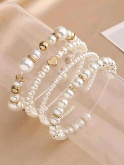 4 PIECE SET FAUX PEARL HEARTS STRING BEAD BRACELET SET image 1