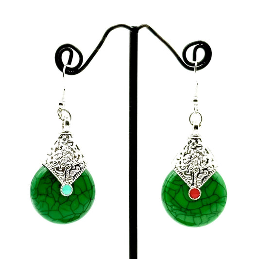 Elegant Teardrop Earrings Featuring Green Marbled Stones set in Silver Ornate -tone metal image 1