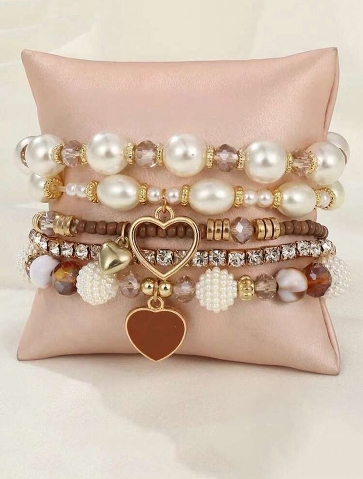Handmade Pearl Beaded Bohemian Heart Bracelet Set, Versatile Layered Bangle Wristband Suitable For Women Daily, Party Wear, Gift For Friends And Family image 1