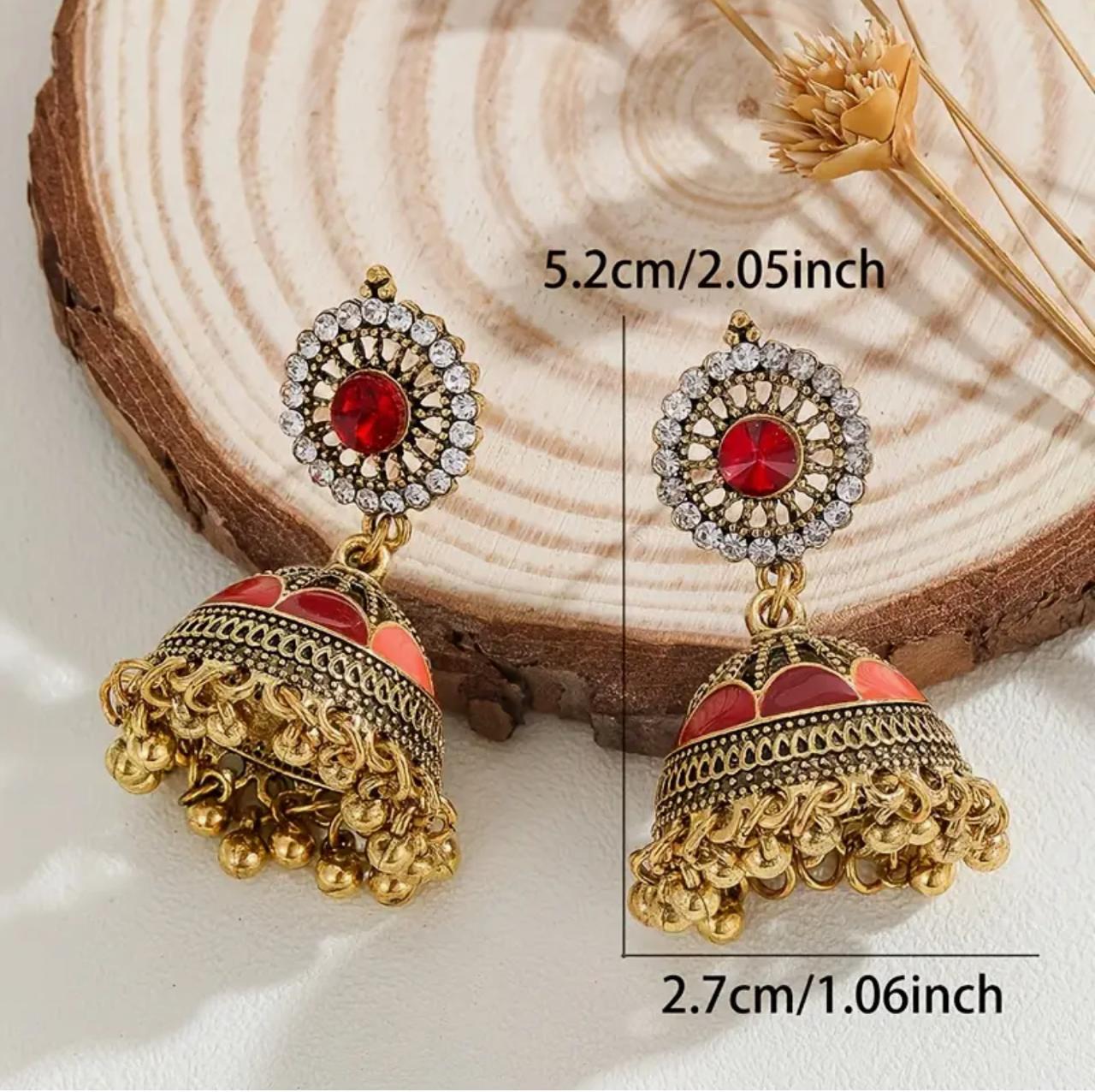 Bollywood-Style Jhumka, Golden-Plated Zinc Alloy with Rhinestone Embellishments, Multi-Color Beaded Tassels & Floral Design. image 2