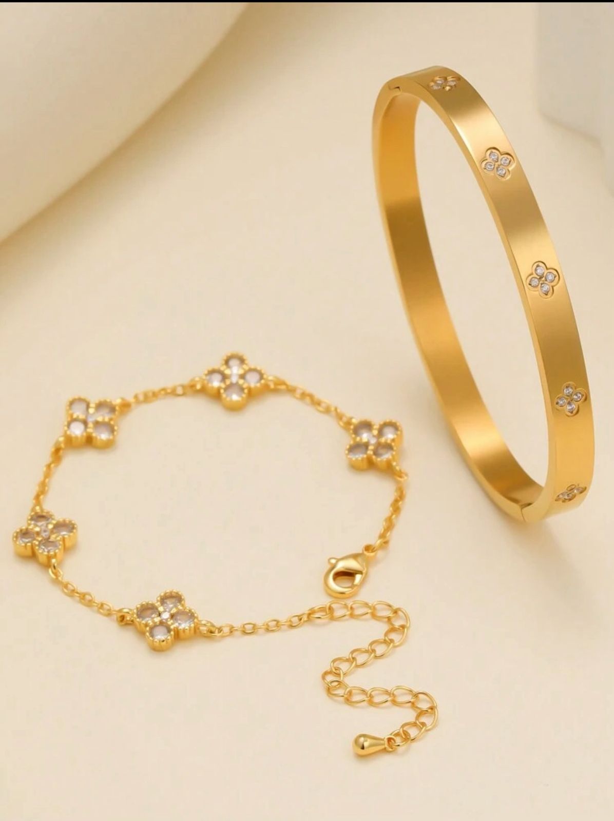 Premium Luxury Elegant 4-Leaf Clover Zirconia Stainless Steel Bracelet & Bangle Set image 4