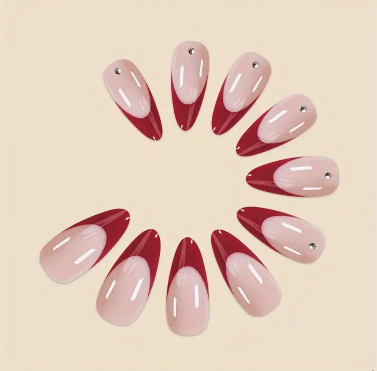Drop Shape Fake Nails with Red Line, Pink Glossy Colorblock, Glitter Accents, and Rhinestone Embellishments image 2