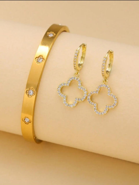 2pcs Vintage Elegant Flower Jewelry Set: Bracelet And Earrings image 0