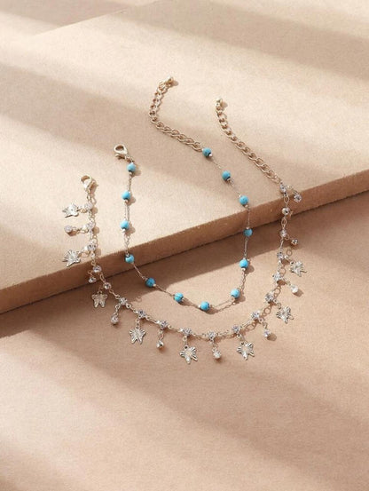 2pcs Fashionable And Shiny Faux Diamond Butterfly Glass Beaded Anklet image 3