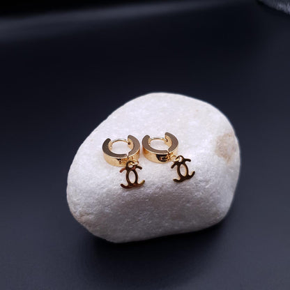 Gold Hoop Earrings with Dangling Double-C Charm image 1
