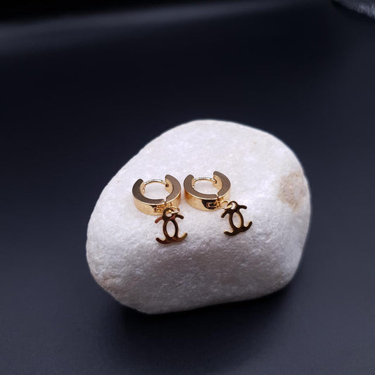Gold Hoop Earrings with Dangling Double-C Charm image 1