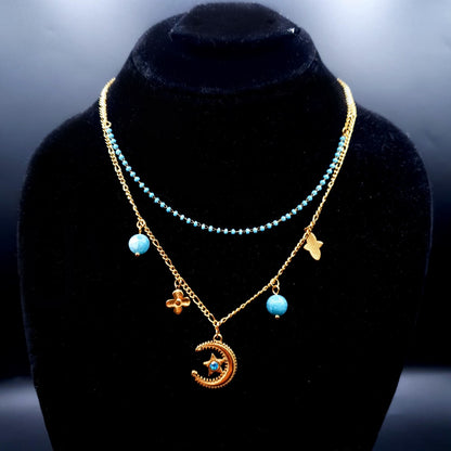 Double Strand Turquoise Necklace with Crescent Moon Pendant image 3