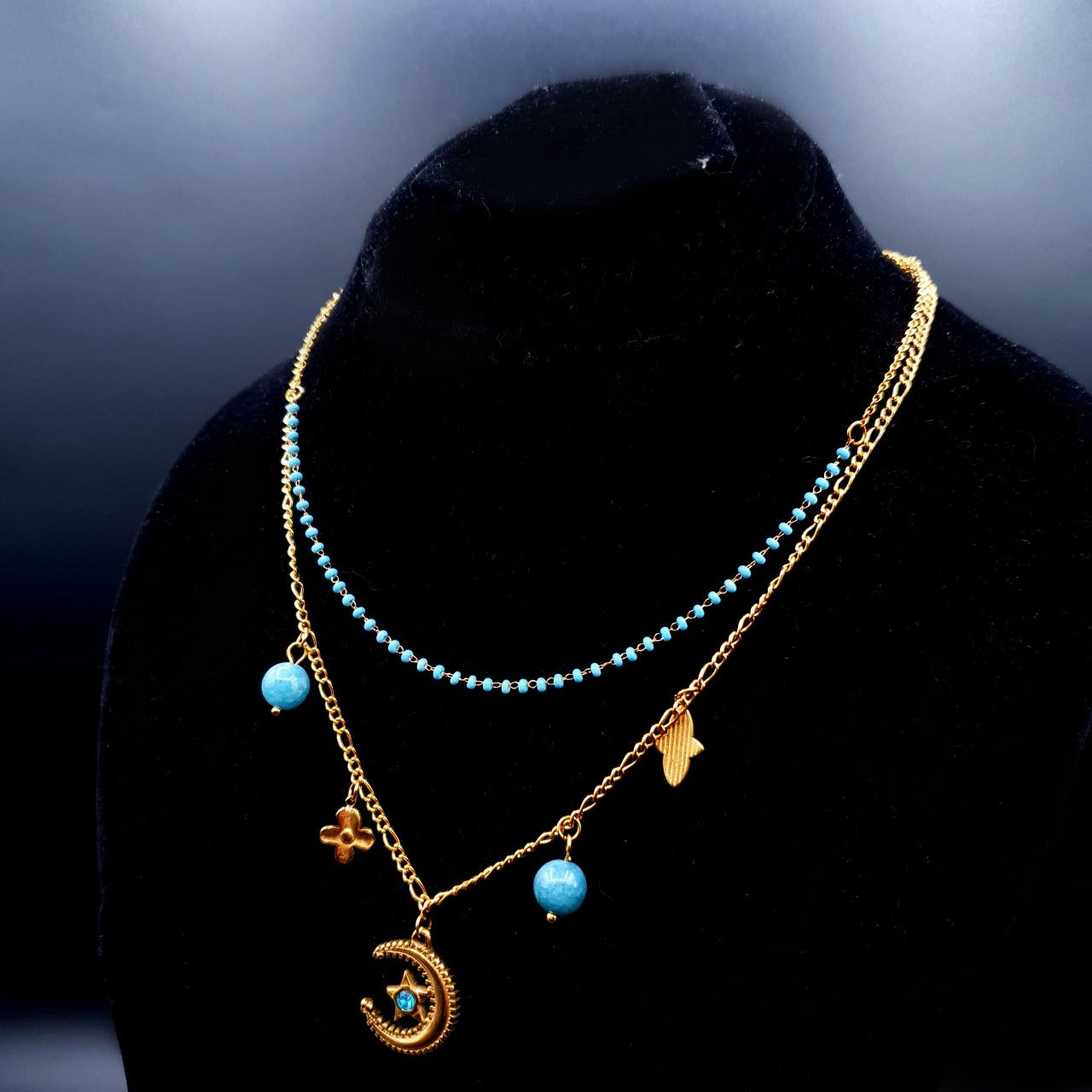 Double Strand Turquoise Necklace with Crescent Moon Pendant image 2