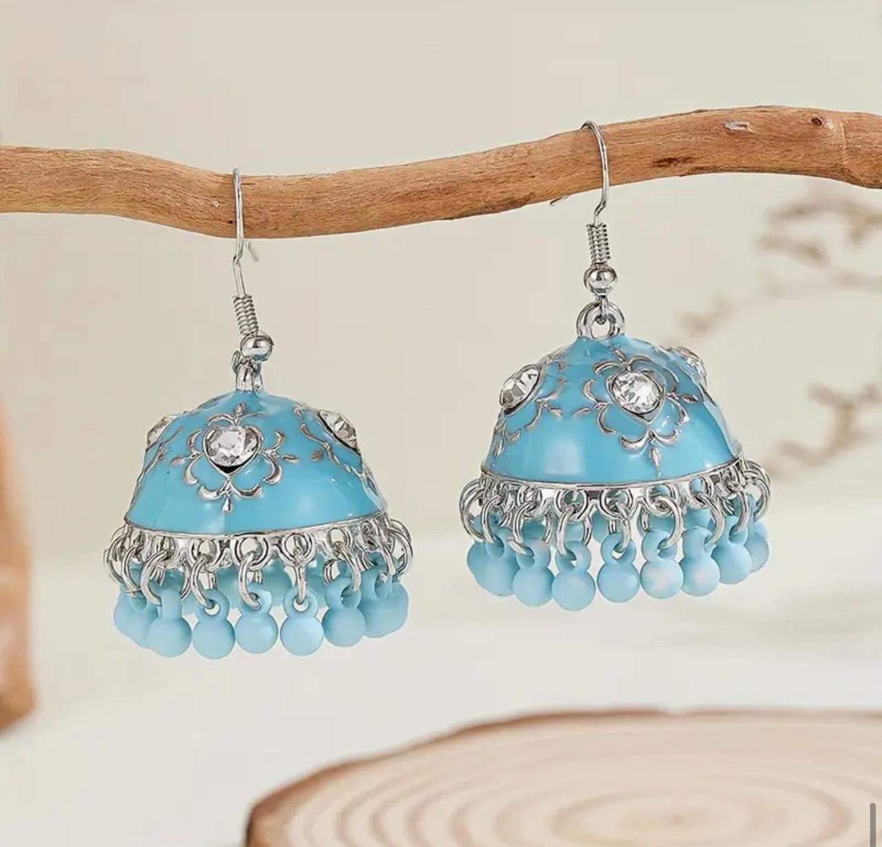 Luxury Jhumka Style Bell Tassel with Synthetic Cubic Zirconia, Boho Indian-Inspired Fashion Dangle Jhumka - Blue image