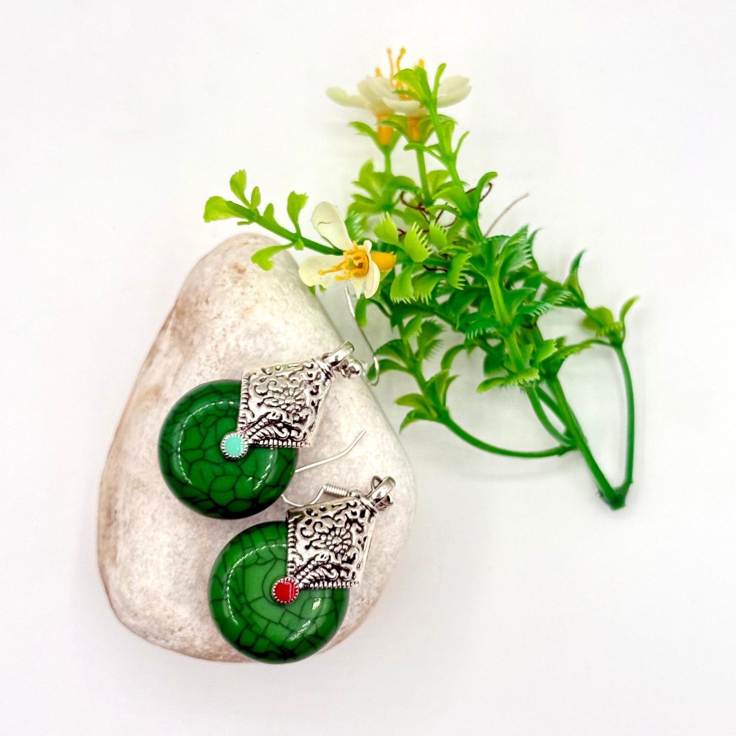 Elegant Teardrop Earrings Featuring Green Marbled Stones set in Silver Ornate -tone metal image 4