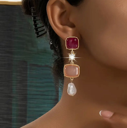 Elegant Dangle Earrings 18k Gold Plated Inlaid Geometric Stone Match Daily Outfits Party Accessories Casual Dating Decor image 1