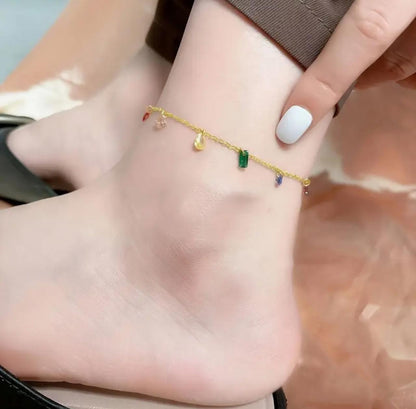 Elegant 18K Golden Plated Stainless Steel Anklet with Synthetic Cubic Zirconia, Rainbow Design, French and Japanese Style, Versatile for Daily Wear and Parties image 1
