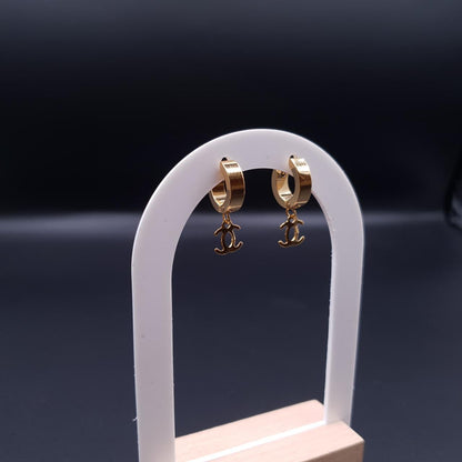 Gold Hoop Earrings with Dangling Double-C Charm image 2
