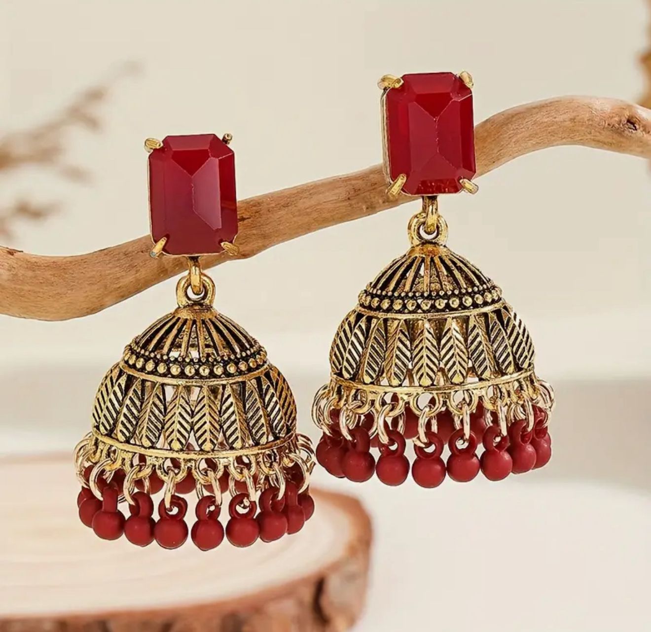Vintage Jhumka Glamorous Inlaid Glass Square Tassel Drop Earrings image 3