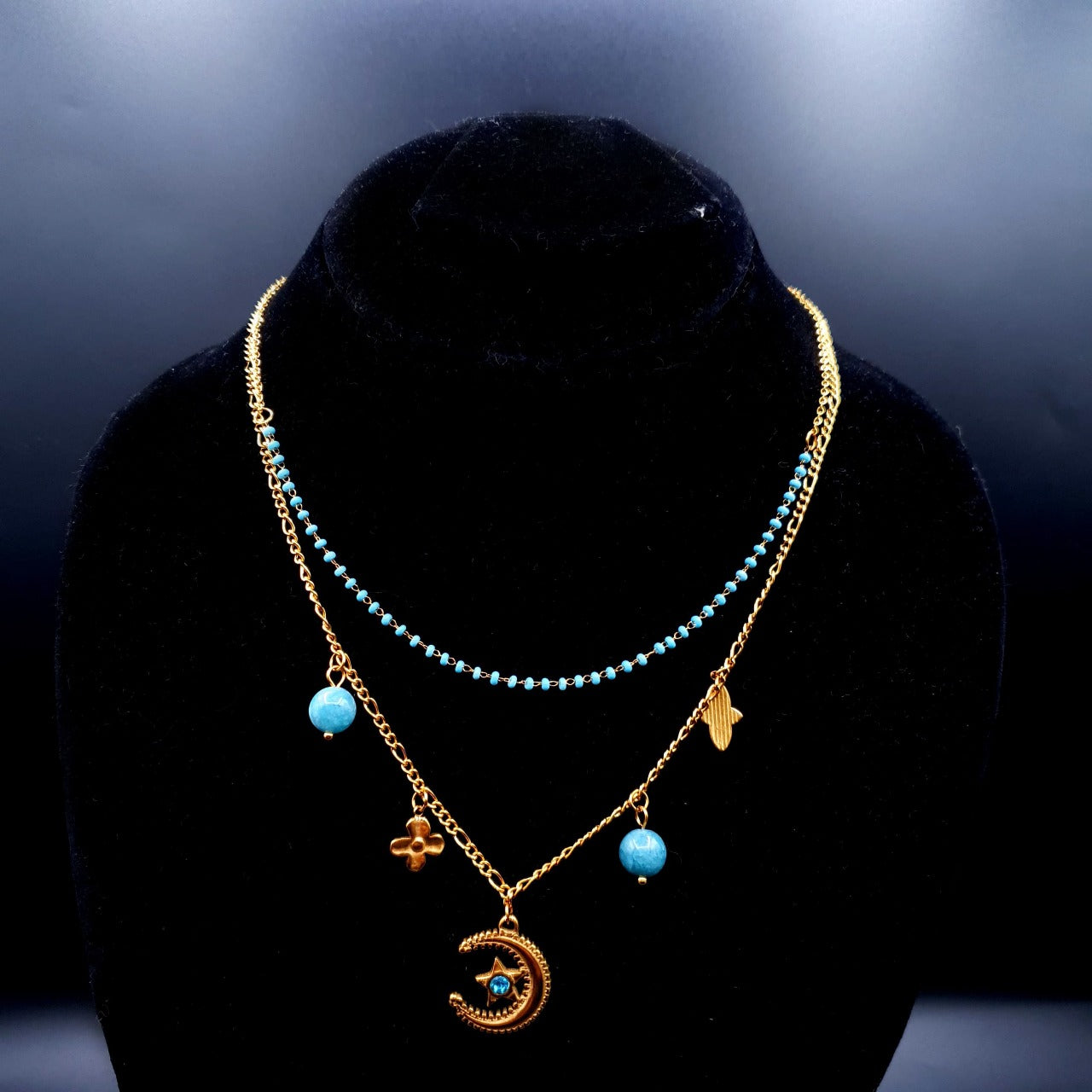 Double Strand Turquoise Necklace with Crescent Moon Pendant image 1