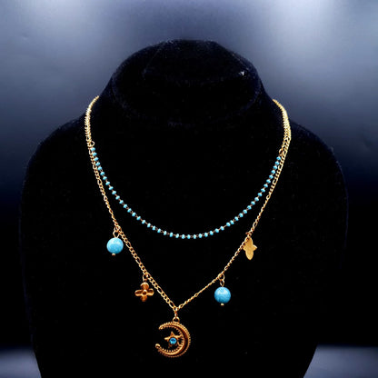 Double Strand Turquoise Necklace with Crescent Moon Pendant image 1