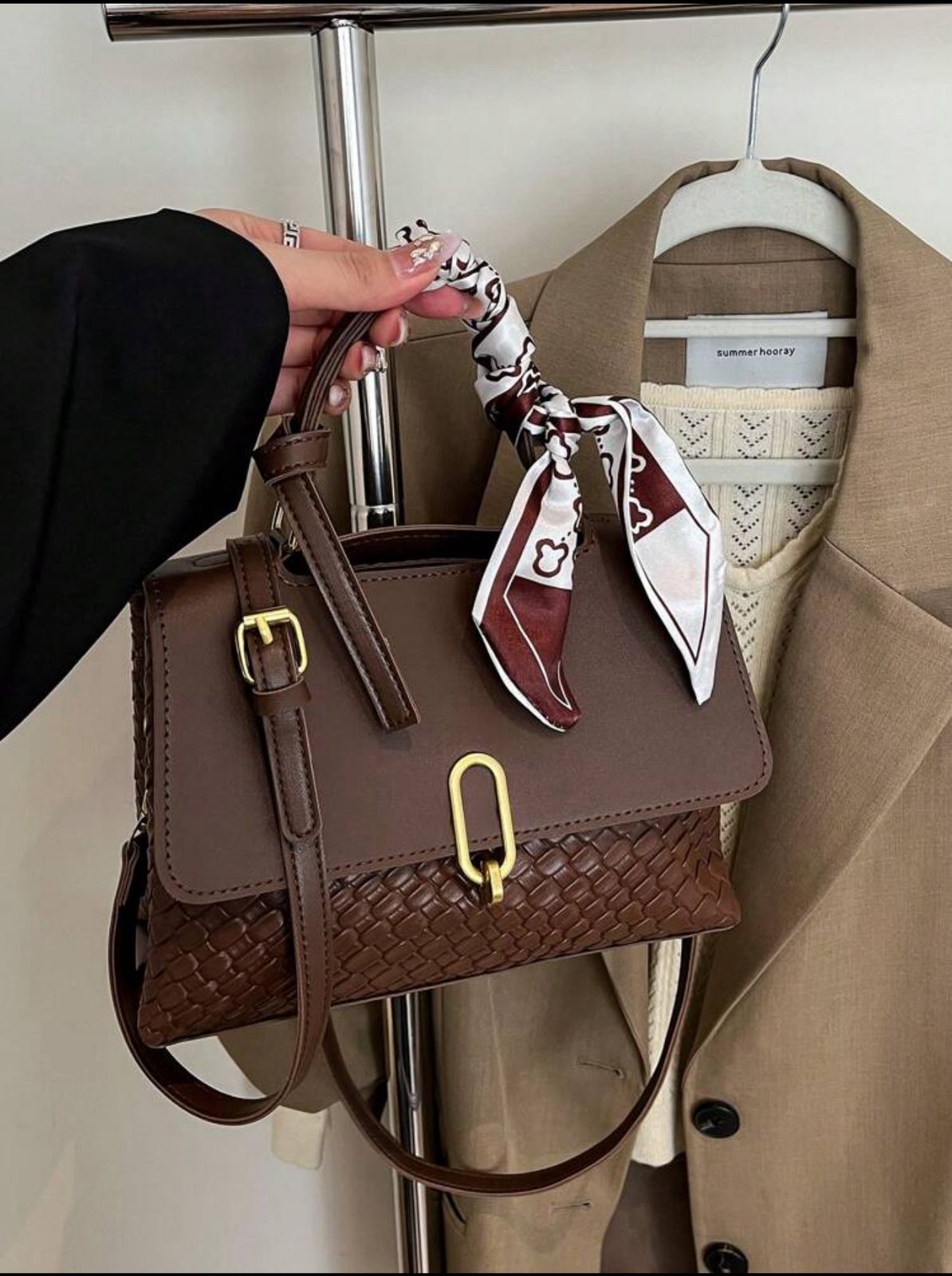 Classic Fashion Women Woven Colorblock Tote Shoulder Bag image 2