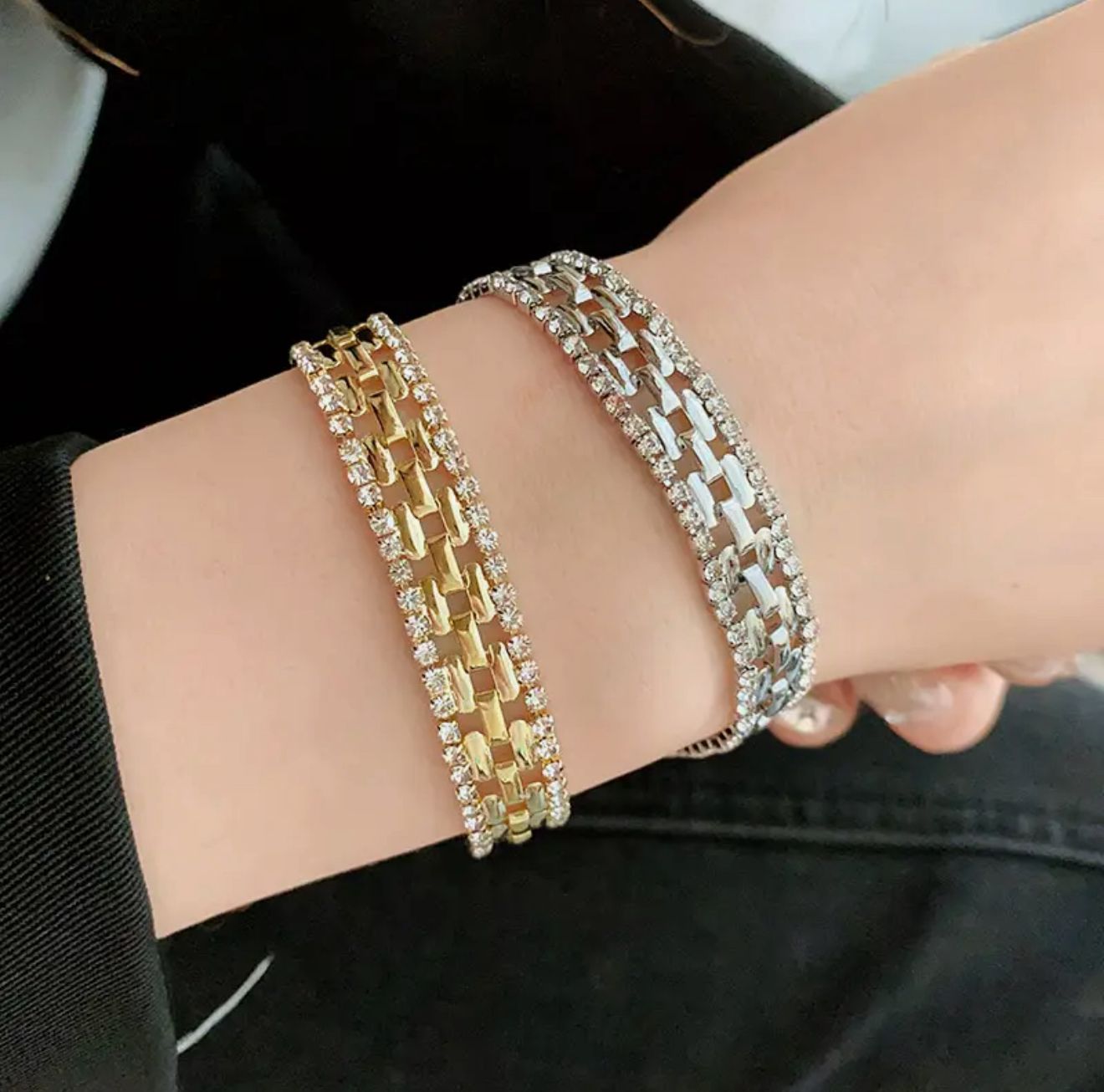 Elegant Luxury Square Cuff Bracelet with Rhinestone Accents & Alloy Chain Design for Parties, Weddings & Formal Events image 0