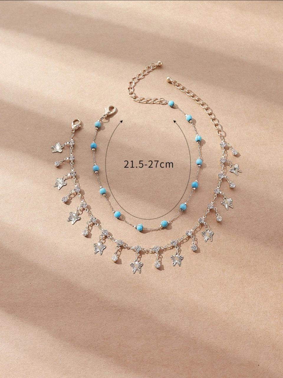2pcs Fashionable And Shiny Faux Diamond Butterfly Glass Beaded Anklet image 2