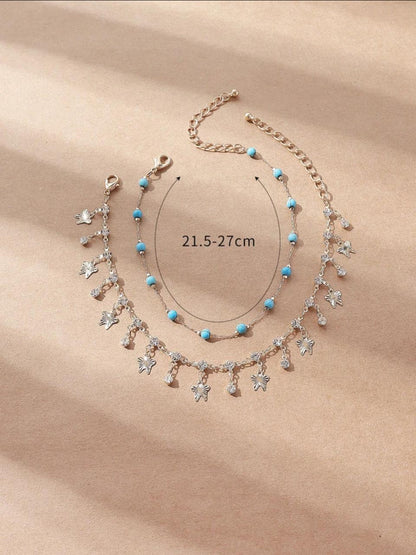 2pcs Fashionable And Shiny Faux Diamond Butterfly Glass Beaded Anklet image 2