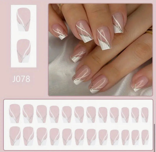 Short-Length Glossy Ballet Nails with Nude Glitter and White Line Design image 1